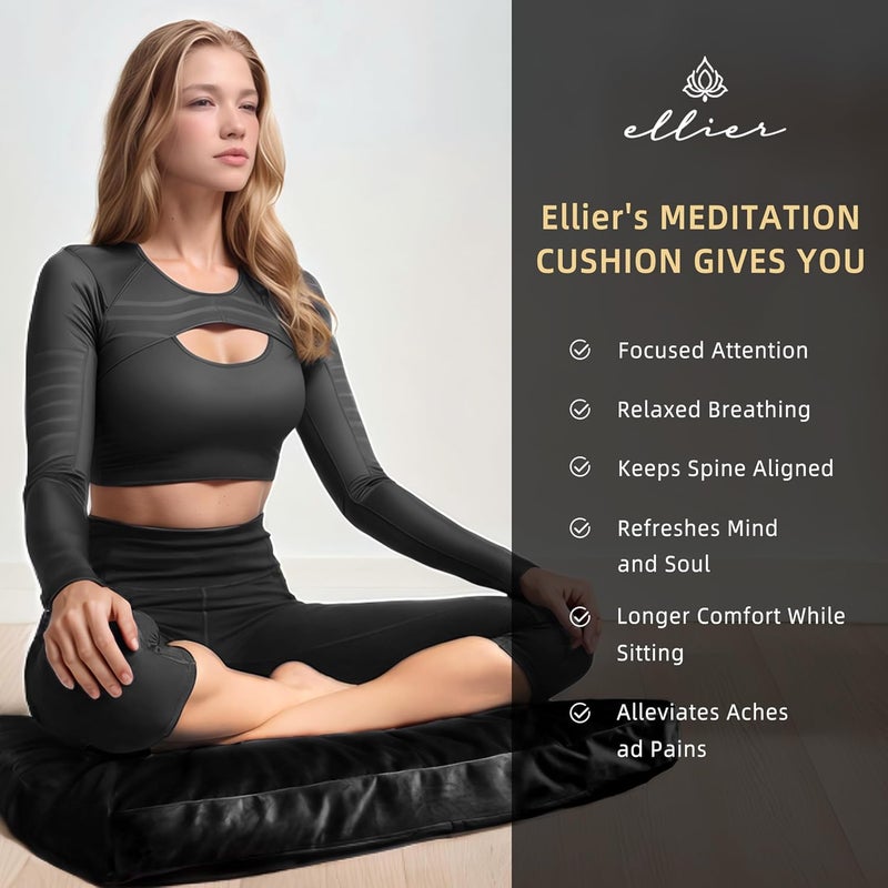 ellier Zafu & Zabuton Meditation Cushion Set - Buckwheat Hull & Memory Foam Pillows, Ergonomic Support for Yoga, Mindfulness - Organic Velvet Cover, Large Size, Durable Comfort (Black) - Image 4